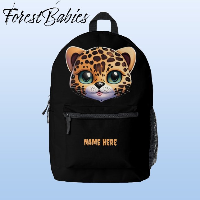Niedlicher Leopard Jungle Cat Safari Cartoon Grafi Bedruckter Rucksack (Leopard, Black Customizable ForestBabies Backpack - Front)
