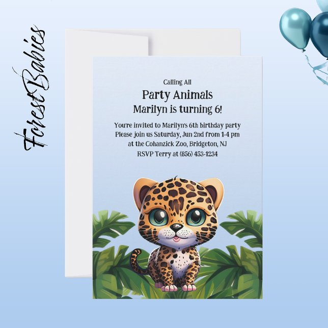 Niedlicher Leopard Tropischer Jungle Safari Party  Einladung (Leopard 🐆  Tropical Birthday 🌴 Party Animal Customizable ForestBabies Invitation)