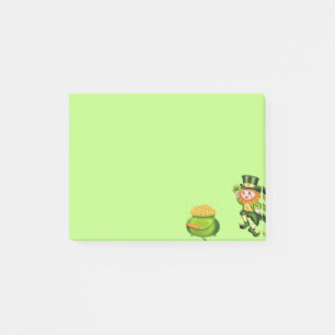 Niedlicher Leprechaun und Topf voll Gold auf limet Post-it Klebezettel