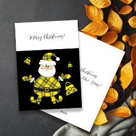 Niedlicher, leuchtend gelber Tartan-Weihnachtsmann Feiertagskarte