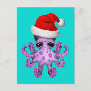 Niedlicher Lila Babytopus Weihnachtsmannmütze Blau Feiertagspostkarte