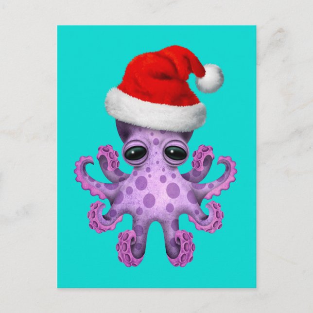 Niedlicher Lila Babytopus Weihnachtsmannmütze Blau Feiertagspostkarte (Vorderseite)