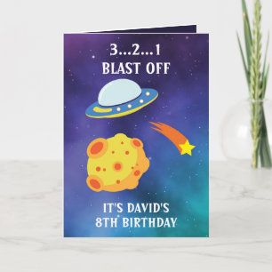 Niedlicher Lila Blue Space Flying Saucer 8. Geburt Karte