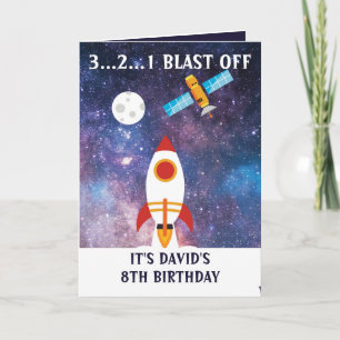 Niedlicher Lila Blue Space Rocket Moon 8. Geburtst Karte