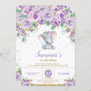 Niedlicher lila Blumenelefant-1. Einladung