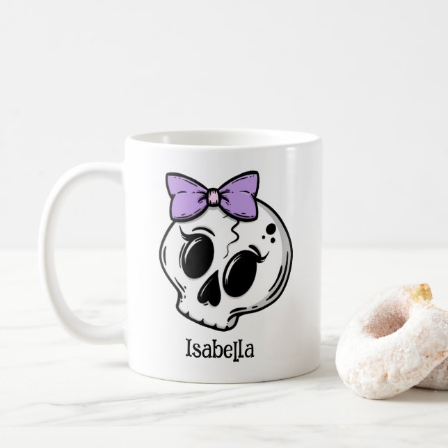 Niedlicher Lila Bow Halloween Skull Custom Kaffeetasse (Mit Donut)