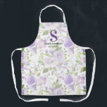 Niedlicher Lila Floralname Anfangsname Schürze<br><div class="desc">Elegante Backen,  alles bedruckte Schürze mit einem hübschen lila Aquarellblumenmuster,  Ihren Anfangsnamen und ein Zitat.</div>