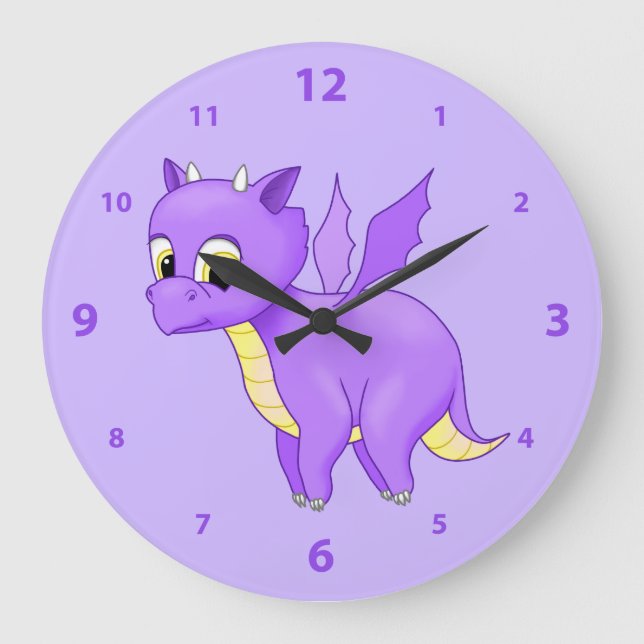 Niedlicher Lila Flying Baby Dragon Große Wanduhr (Vorderseite)