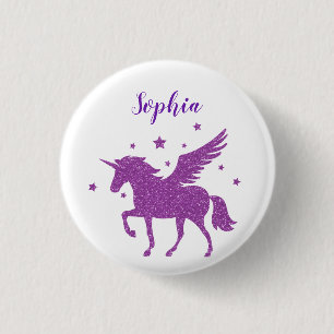 Niedlicher Lila Glitzer Personalisiert Einhorn Button