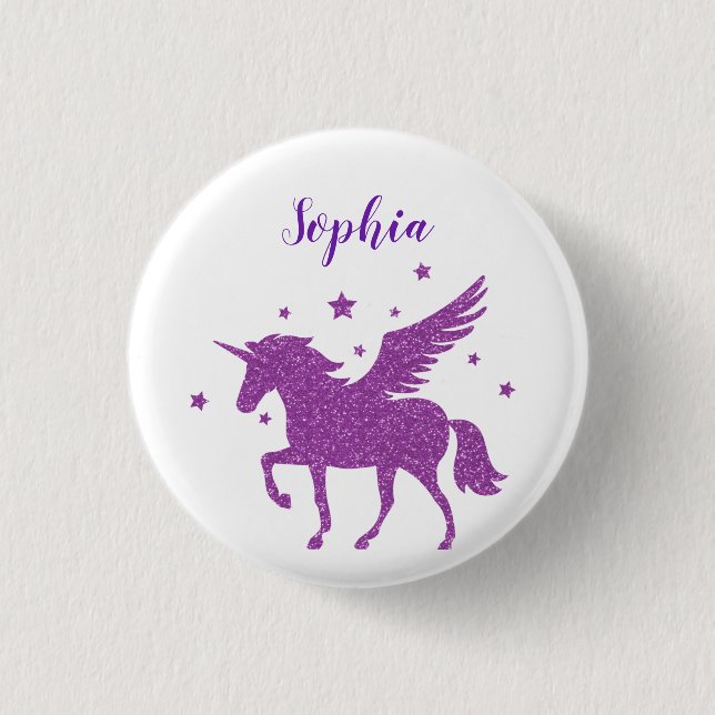 Niedlicher Lila Glitzer Personalisiert Einhorn Button (Vorderseite)