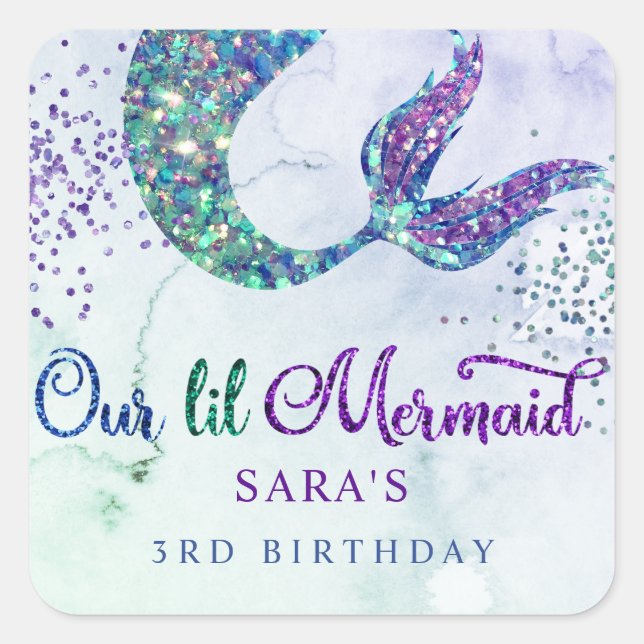 Niedlicher Lila Grüner Glitzer Mermaid Birthday Quadratischer Aufkleber (Vorderseite)