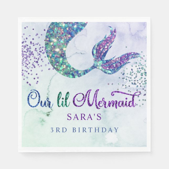 Niedlicher Lila Grüner Glitzer Mermaid Birthday Serviette (Vorderseite)