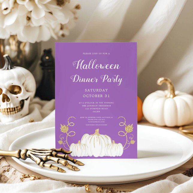 Niedlicher Lila Kürbiskürbis Halloween Abendessen  Einladung (Cute Purple Pumpkin Halloween Dinner Party Invitation)