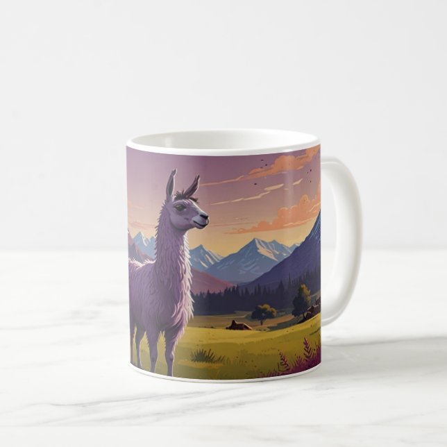 niedlicher lila Lama Kaffeetasse (VorderseiteRechts)