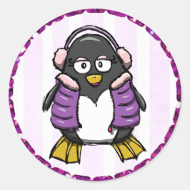 Niedlicher Lila Pinguin mit Aufklebern für Ohrmusc Runder Aufkleber