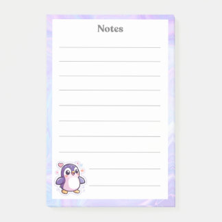 Niedlicher Lila Pinguin mit Notepad Post-it Klebezettel