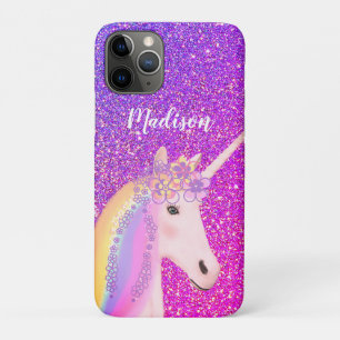Niedlicher Lila rosa Glitzer Einhorn Personalisier Case-Mate iPhone Hülle