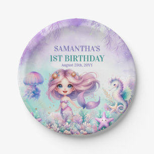Niedlicher lila und aquamariner Meerjungfrau 1. Ge Pappteller
