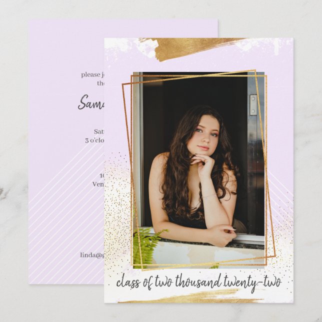 Niedlicher Lila und goldener Gerahmter Abschluss E Einladung (Vorne/Hinten)