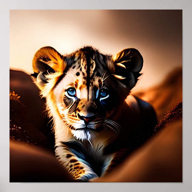 Niedlicher Lion Cub mit blauen Augen Poster (Vorne)