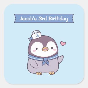 Niedlicher Little Sailor Pinguin Doodle Kindergebu Quadratischer Aufkleber