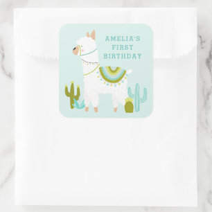 Niedlicher Llama Fun Aqua 1. Geburtstag Gastgesche Quadratischer Aufkleber