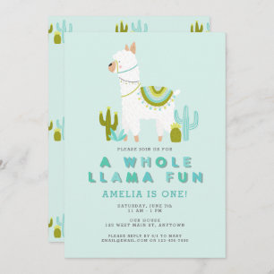 Niedlicher Llama Fun Aqua Erste Geburtstagsparty Einladung