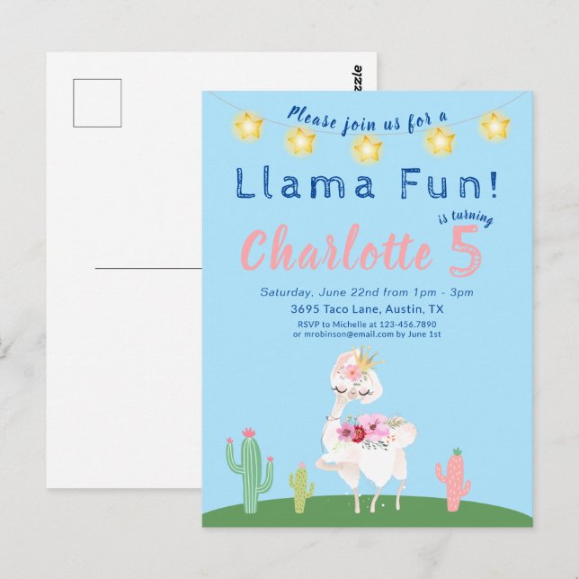 Niedlicher Llama Fun Blue Geburtstagsparty Einladu Postkarte (Vorne/Hinten)