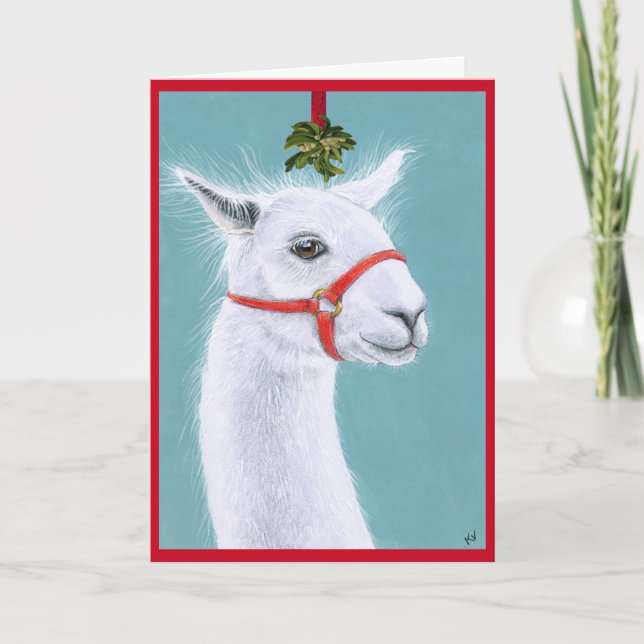 Niedlicher Llama mit Mistletowein Weihnachtskarte Feiertagskarte (Vorderseite)