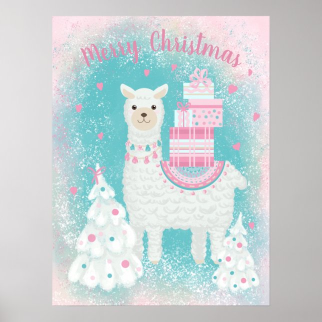 Niedlicher Llama mit Weihnachtsgeschenken Poster (Vorne)