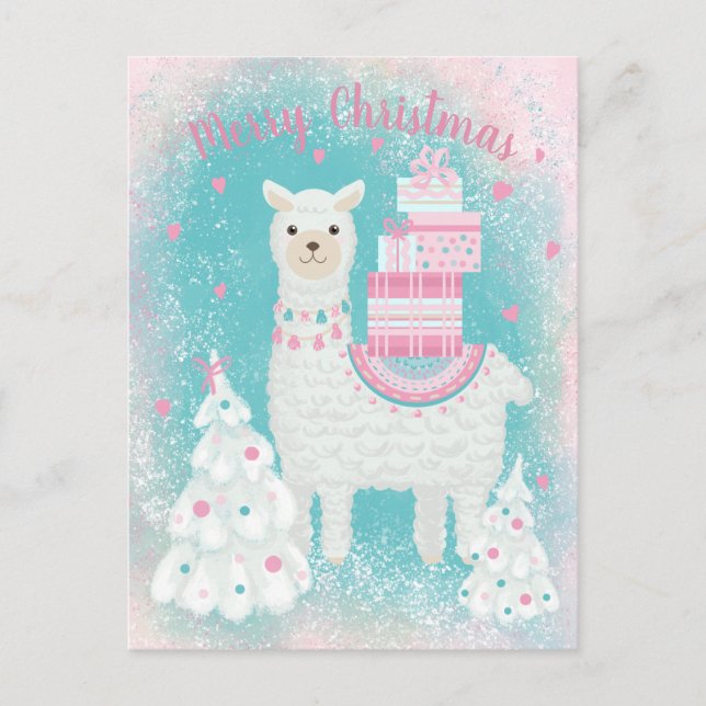 Niedlicher Llama mit Weihnachtsgeschenken Postkarte (Vorderseite)