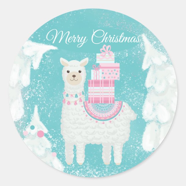 Niedlicher Llama mit Weihnachtsgeschenken Runder Aufkleber (Vorderseite)