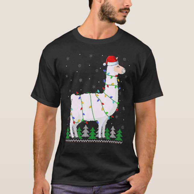 Niedlicher Llama Xmas Lights Llama Weihnachten T-Shirt (Vorderseite)