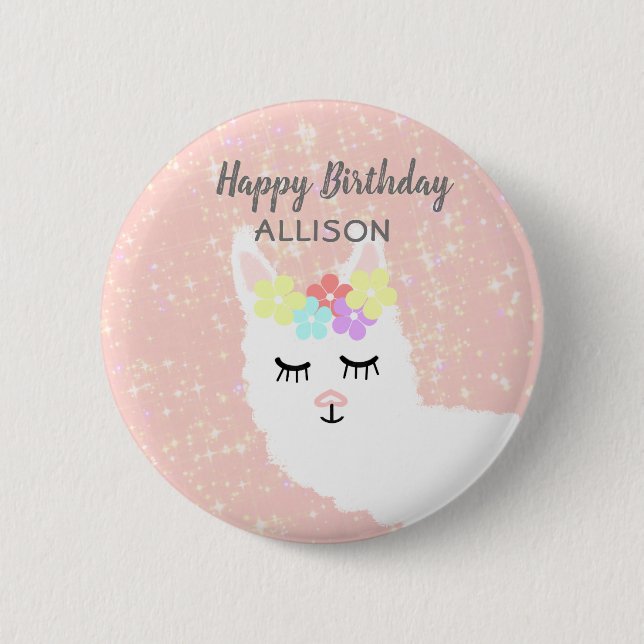 Niedlicher Lllama Blues Pink Geburtstag Personalis Button (Vorderseite)
