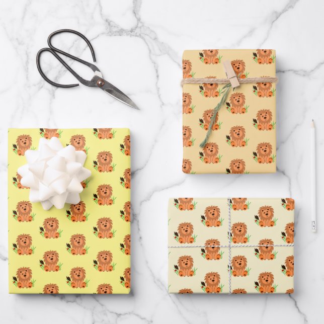 Niedlicher Löwe im Gras mit Ladybug-Kindern Geschenkpapier Set (Vorderseite)