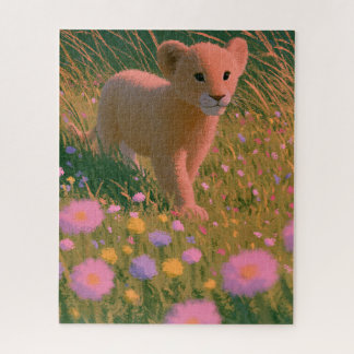 Niedlicher Löwenjunge auf hohem Gras-Wildblumenfel Puzzle