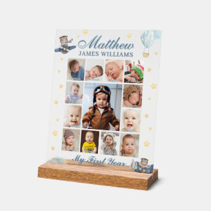 Niedlicher Luftfahrtbärenjunge FotoCollage 1 Jahr Acrylschild