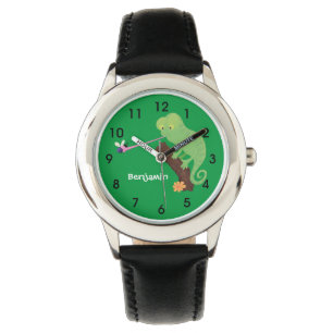 Niedlicher, lustig-grün-fröhlicher Chameleon-Carto Armbanduhr