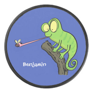 Niedlicher, lustig-grün-fröhlicher Chameleon-Carto Eishockey Puck