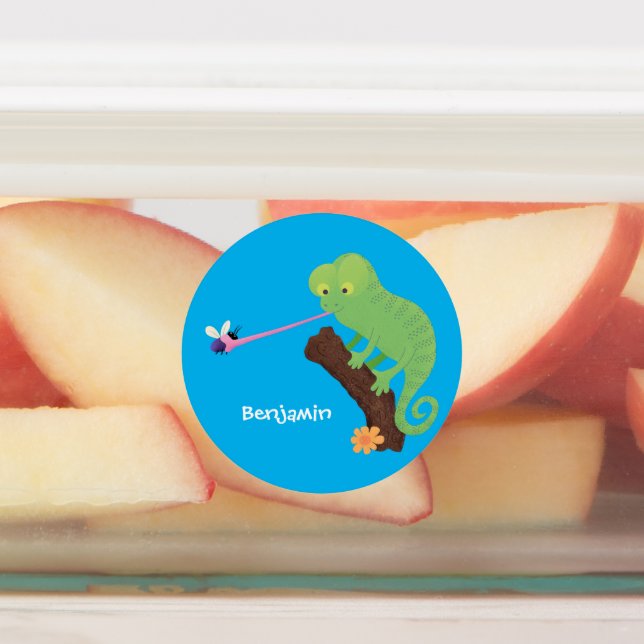 Niedlicher, lustig-grün-fröhlicher Chameleon-Carto Etiketten (Befestigt)