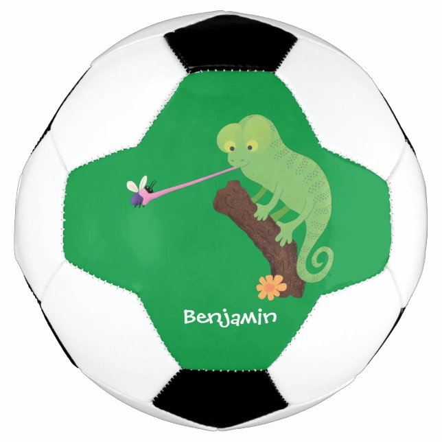Niedlicher, lustig-grün-fröhlicher Chameleon-Carto Fußball (Vorderseite)