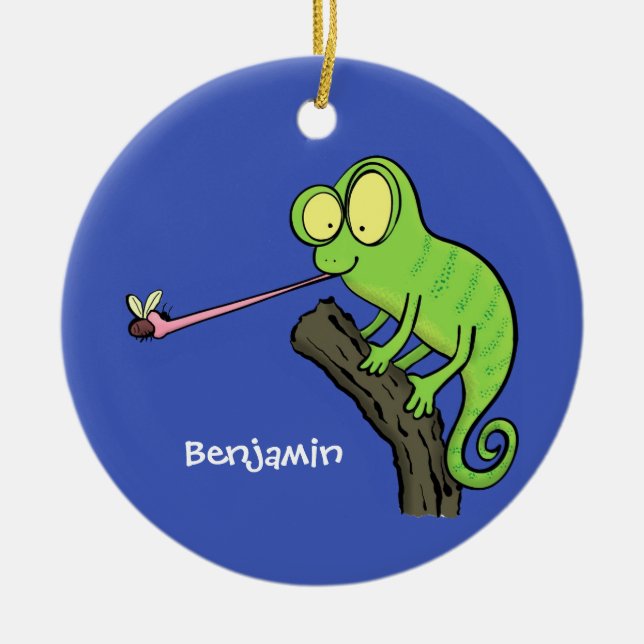 Niedlicher, lustig-grün-fröhlicher Chameleon-Carto Keramik Ornament (Vorne)