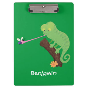 Niedlicher, lustig-grün-fröhlicher Chameleon-Carto Klemmbrett