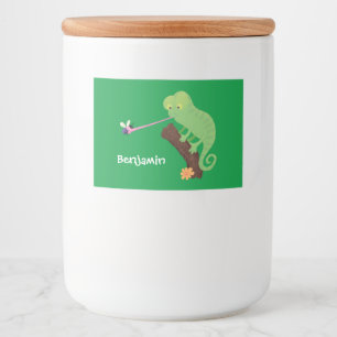 Niedlicher, lustig-grün-fröhlicher Chameleon-Carto Lebensmitteletikett