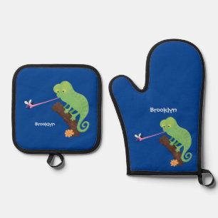 Niedlicher, lustig-grün-fröhlicher Chameleon-Carto Ofenhandschuh & Topflappen-Set
