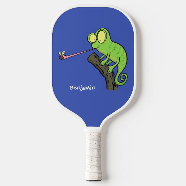 Niedlicher, lustig-grün-fröhlicher Chameleon-Carto Pickleball Schläger (Vorderseite)