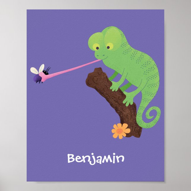 Niedlicher, lustig-grün-fröhlicher Chameleon-Carto Poster (Vorne)