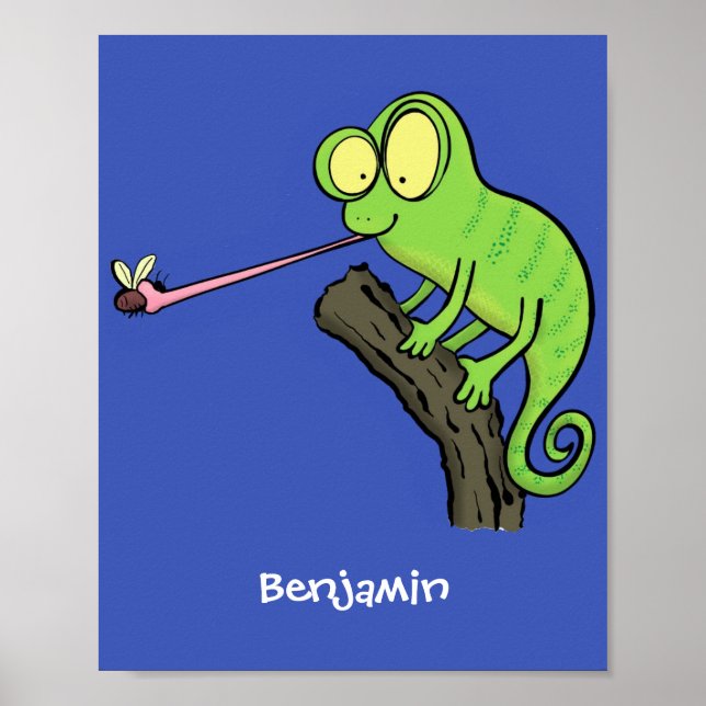 Niedlicher, lustig-grün-fröhlicher Chameleon-Carto Poster (Vorne)