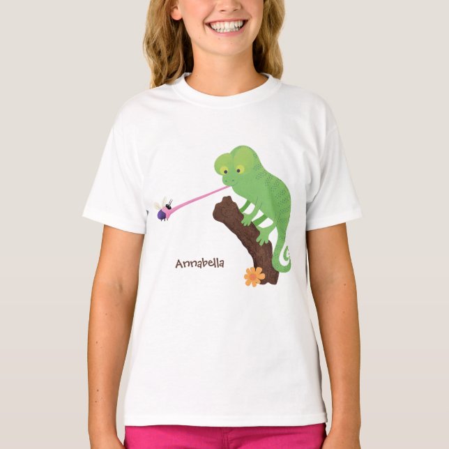 Niedlicher, lustig-grün-fröhlicher Chameleon-Carto T-Shirt (Vorderseite)