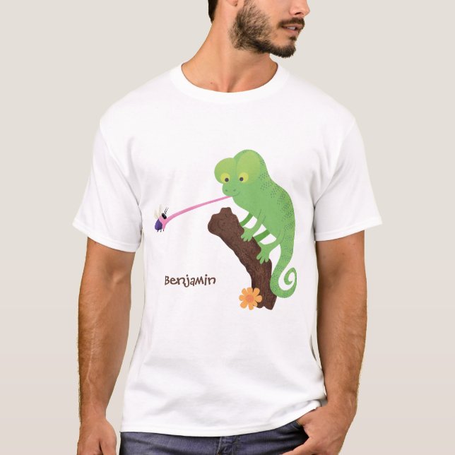 Niedlicher, lustig-grün-fröhlicher Chameleon-Carto T-Shirt (Vorderseite)